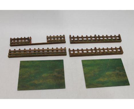 Two rare Hornby O gauge model railways Countryside Section R diorama platform pieces, 18cm long, also four lengths of wooden 