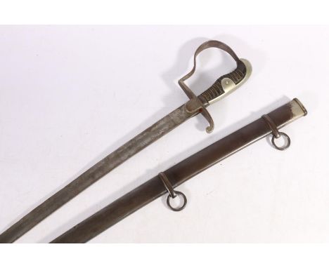 WWI era German cavalry sword, the curving blade etched with designs of trophies, having D langets, wire bound grip and knuckl