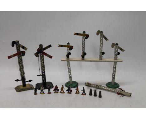 Hornby O gauge model railways signal gantry, a double signal, a German made double signal and Brimtoy double signal. Also Mec