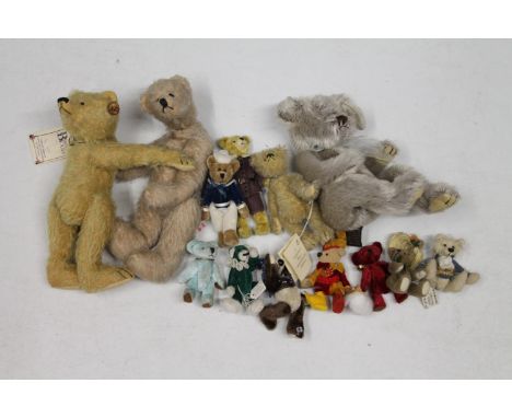 Teddy bears including Abigail bear, Gail Thornton Bisson Bears Rufus bear, Hutton Bears Kyle Minor bear, TY Greyson bear, Car