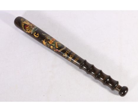 George V WWI Great War Special Constable's commemorative truncheon for the town of Oldham, painted with the coat of arms of t
