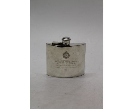 Royal Army Service Corps interest, a George V silver hip flask of crescent shape with presentation inscription "MAJOR K D F M