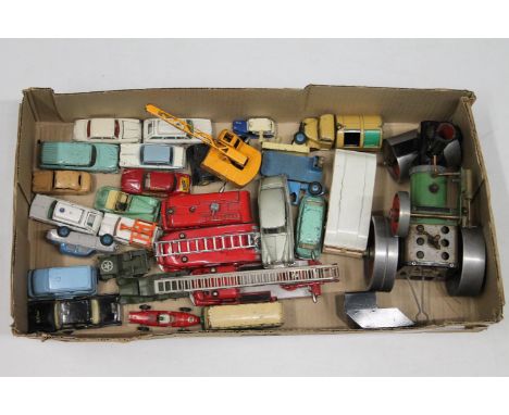 Dinky Toys playworn diecast model vehicles including 955 Fire Engine, 956 Turntable Fire Escape, Coles Mobile Crane, 198 Roll