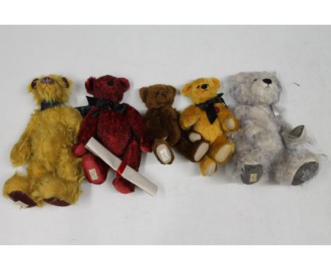 Five Dean's collectable teddy bears including Dezmond, Ruby (Collector's Club 2005 Member Only Bear), Henry (Centenary Year B