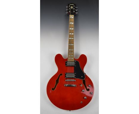 Indie semi acoustic jazz style guitar with candy red lacquered body