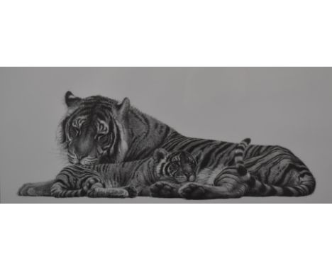 Gary Hodges (b1954) signed print Bengal Tigress and Cub, 29 x 59cm