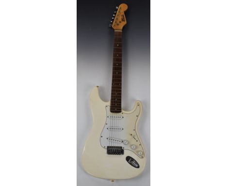 Jim Deacon Stratocaster style electric guitar in white lacquered finish, registration number 9306523