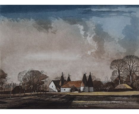 Rowland Hilder signed limited edition (108/175) print of oast houses, 27.5 x 34.5cm, in gilt frame