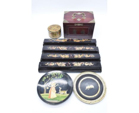 Chinese Mah-jong set with bone and bamboo tiles and lacquered tile stands decorated in gilt with dragons, together with two I
