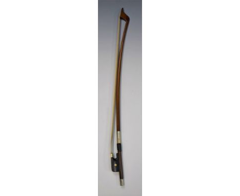 Grandini white metal&nbsp;mounted double bass bow, French made from the workshop of J T Lamy, round stick, the ebony frog inl