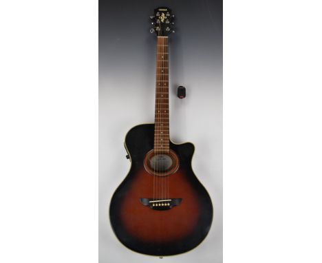 Yamaha APX-4A active electro acoustic guitar in Violin Sunburst, with three band EQ with AMF, volume, battery light and mute.