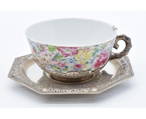 Chinese 19thC&nbsp;millefiori&nbsp;teacup decorated with flowers, with six character Kangxi mark to base, white metal mount d