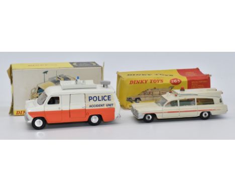 Two Dinky Toys diecast model vehicles Superior Criterion Ambulance with cream body, red stripe, two drivers and passenger on 