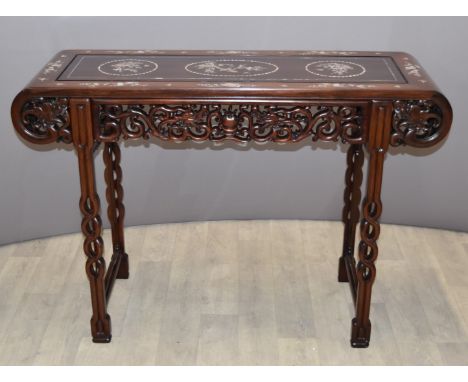 Chinese carved rosewood altar table with mother of pearl inlaid decoration, W122 x D42 x H84cm