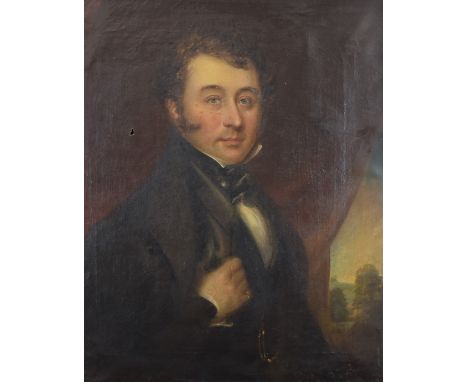 19thC oil on canvas portrait of a gentleman in formal dress with watch chain, 75 x 62cm, in painted frame