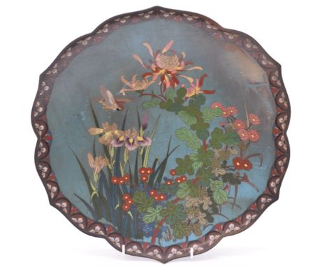 Japanese cloisonné enamel charger with gadrooned rim and decorated with birds, flowers and foliage, diameter 35cm&nbsp;