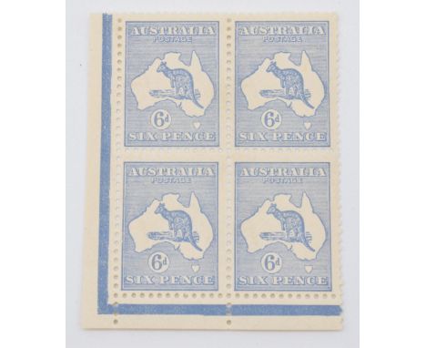 Australia 1915 6d, Kangaroo light M/M corner marginal block of four SG38