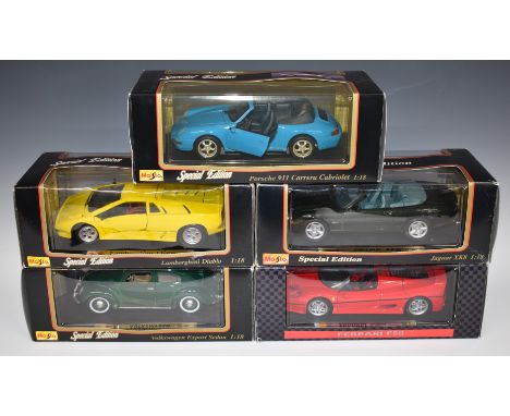 Five Maisto Special Edition and Shell Collezione 1:18 scale diecast model cars comprising Jaguar XK8, Lamborghini Diablo, Vol