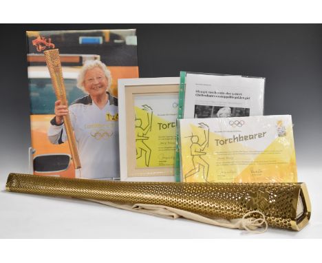 2012 London Olympics relay torch with certificate, ephemera and original bag, relating to former Cheltenham school mistress M