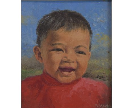 R Beller Chinese School, oil on board, portrait of a young boy, signed and dated 1955 lower right, 23.5 x 20.5cm
