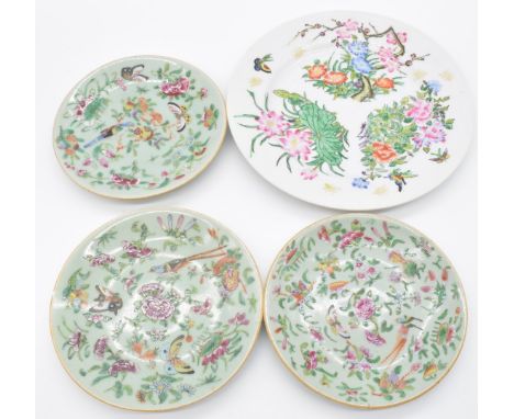 Three 19thC Chinese plates with enamel insect, bird and floral decoration and mark to base, 18cm in diameter and a Chinese pl