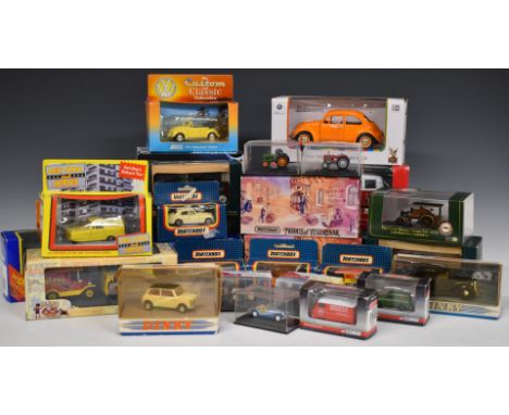 Thirty Corgi, Matchbox, Dinky, Saico and similar diecast model cars, all in original boxes.