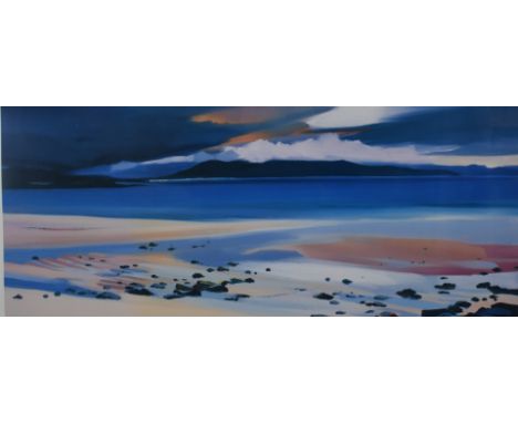 Pam Carter (Scottish, b1952) signed limited edition (of 850) print island beach with mountains beyond, 39 x 84cm, in distress