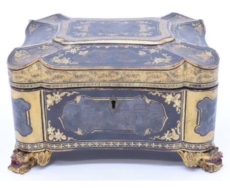 Chinese 19thC lacquer two division tea caddy with gilt decoration, raised on four dragon feet, the metal liner probably Pak T