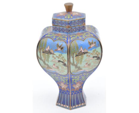 Japanese hexagonal cloisonné enamel covered vase decorated with birds, mountains and fish, 13cm tall