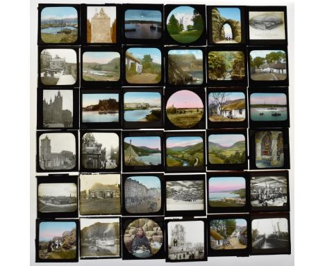 Glass magic lantern slides to include waterfalls, Portrush, Antrim coast and other Irish examples, steam ships, Giants Causew