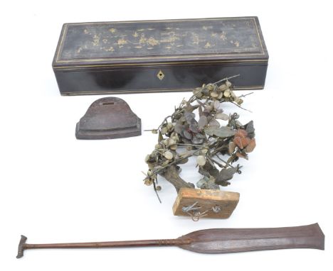 Japanese 19thC&nbsp;lacquer scroll box with gilt decoration (length 38cm) together with a jade and hardstone tree, wooden bow
