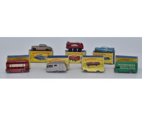 Seven Matchbox Lesney 1-75 series diecast model vehicles 5, 23, 28, 39, 46, 57 and 63, all in original D and E1 series boxes.