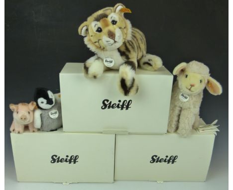 Four Steiff Teddy bear animals Baby Tiger 066269, Lamby Lamb 073205, Flaps Penguin 057144 and Sissi Schweun 071898, three in 