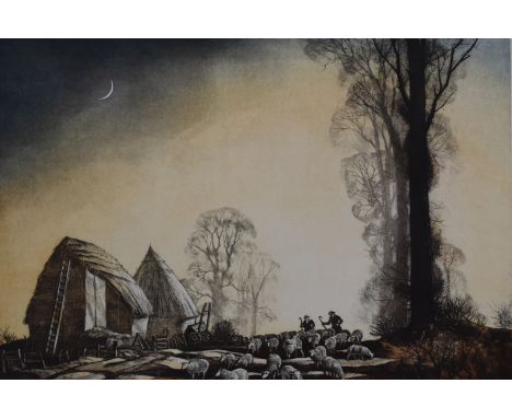 Rowland Hilder signed limited edition (74/175) print of drovers, sheep and hay ricks, 50 x 72cm, in gilt frame