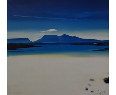 Pam Carter (Scottish, b1952) signed limited edition (73/850) print island beach with mountains beyond, 52 x 52cm, in distress