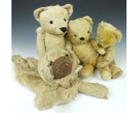 Four blonde mohair Teddy bears comprising two Chad Valley, one with growler and another a pyjama case in the form of a dog, l