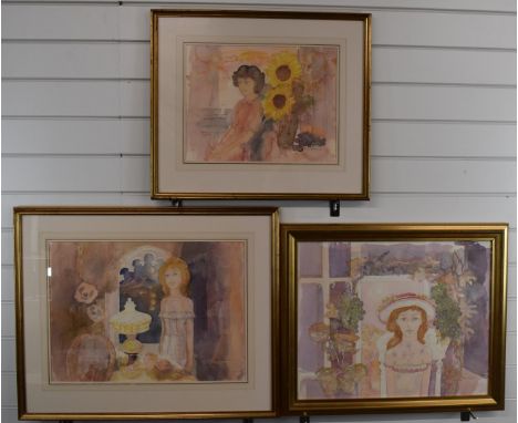 John O'Conner (1913-2004) three watercolour portraits comprising woman with sunflowers, woman by a Gothic window and oil lamp