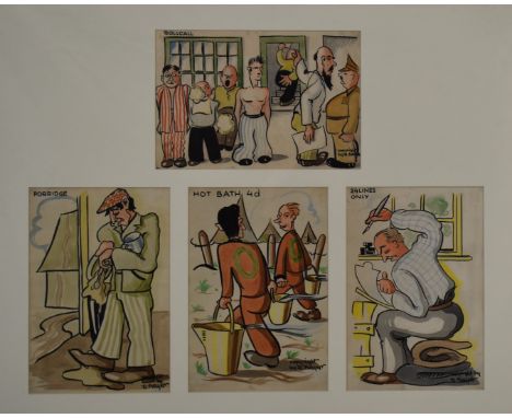 Richard Franz Bayer (1901-1990) framed set of four WW2 political interest cartoons titled 'Porridge', 'Hot Bath 4d', '24 Line