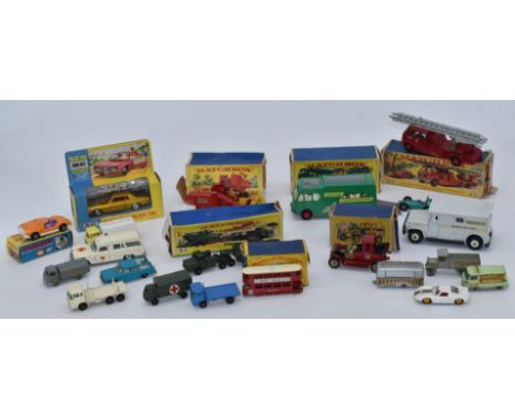 Twenty Matchbox and Dinky Toys diecast model vehicles including King Size Merryweather Fire Engine, Combine Harvester, Mercur