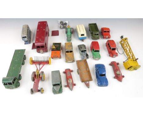 Twenty Dinky Toys diecast model vehicles including Foden flatbed lorry, Studebaker, double decker bus, Express Horse Box Hire