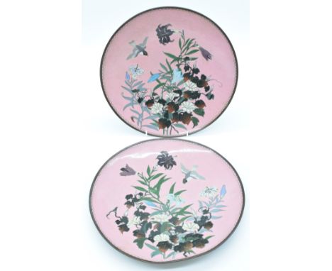 A pair of Japanese cloisonné enamel chargers decorated with birds, flowers and foliage, diameter 30cm&nbsp;