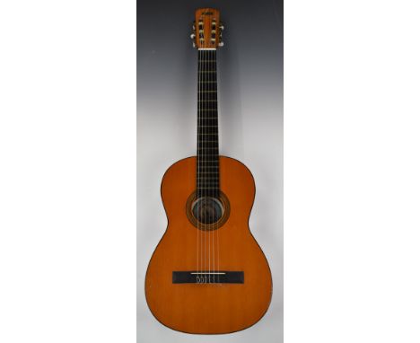 Francisco Esteve six string Classical guitar, with maker's internal label and retailer's label to headstock