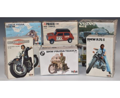 Nine Polistil 1:15 and 1:25 scale diecast model motorbikes and cars including BMW R75/5, Harley Davidson Electra Glide, Fiat 