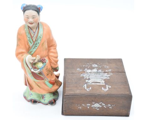 Chinese 19th/20thC&nbsp;figure with basket, 31cm tall and a mother of pearl inlaid box with segmented tray