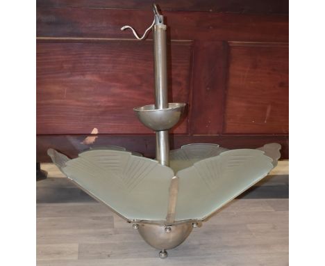 Art Deco style ceiling lamp/ electrolier with chrome finish and glass panels, H70cm