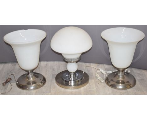 A pair of electric uplighter table lamps and an Art Deco dome shaped opaque glass lamp, tallest 48cm