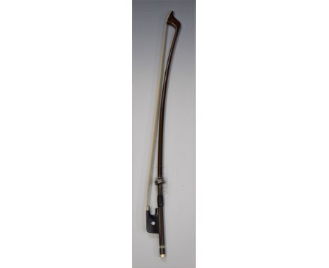 German made French style double bass bow, circa late 19thC, round stick, the ebony frog with mother of pearl eyes, the ebony 