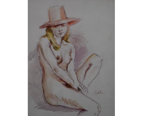 Guy Roddon (1919-2006) watercolour portrait of a seated nude woman wearing a hat, signed lower right, 39 x 28cm