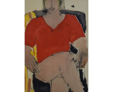John Emanuel (b1930) mixed media portrait of a partly dressed seated nude woman, signed lower left, 52 x 36cm, in wooden fram