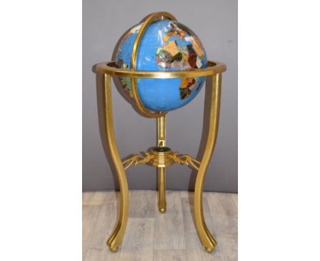 Hardstone pietra dura inlaid gimbal mounted globe with compass, on a metal stand, H86cm